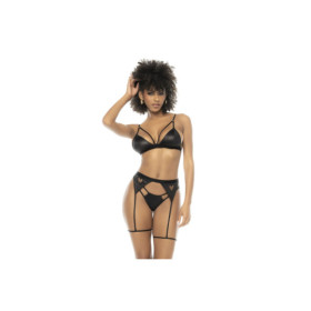 Ensemble 3 pièces Rika en wetlook noir, soutien gorge, porte jarretelles avec jarretières et string assorti 